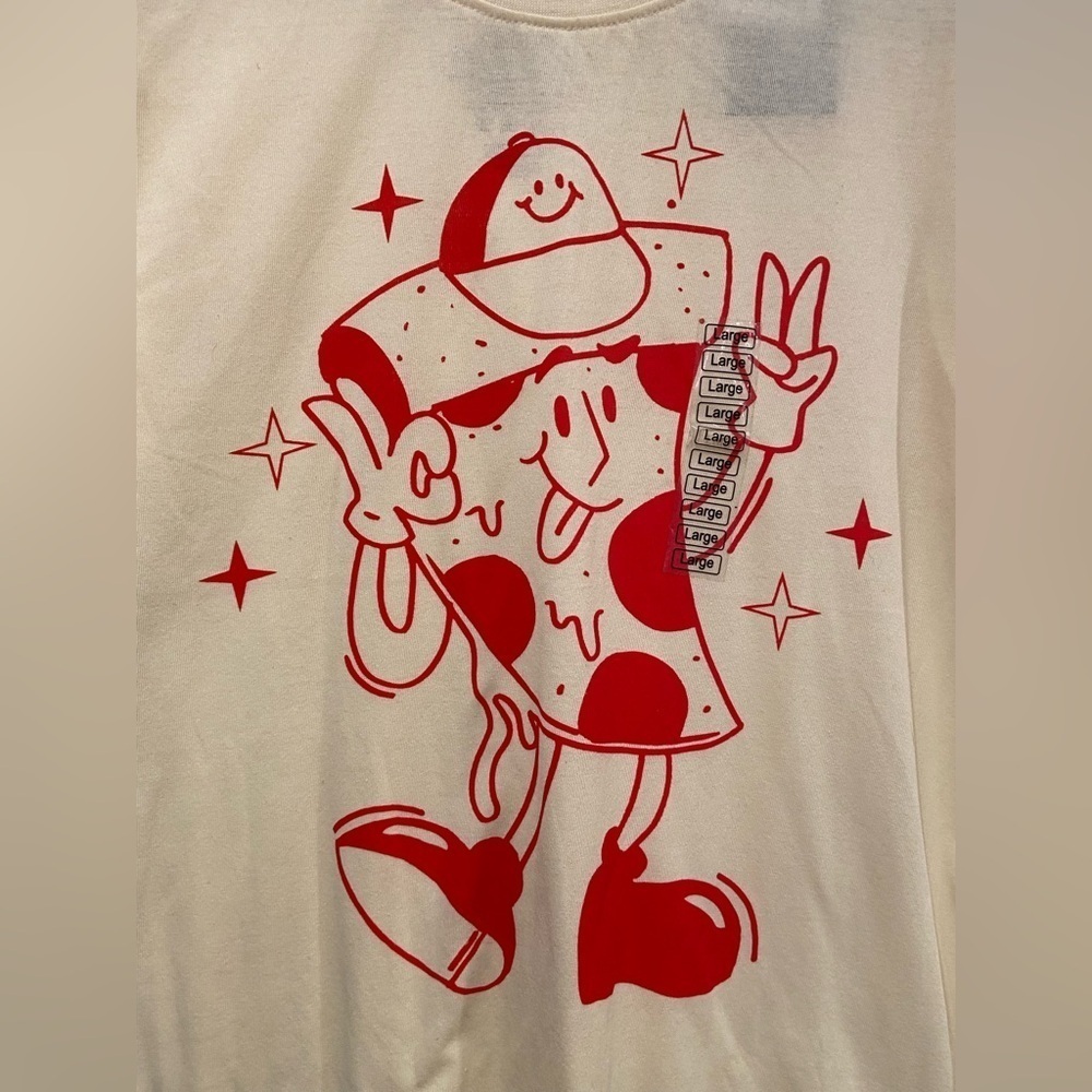 NWT Chemistry Size L Red Smiling Pizza Man Cream Short Sleeve Crew Tee Shirt - Picture 4 of 11